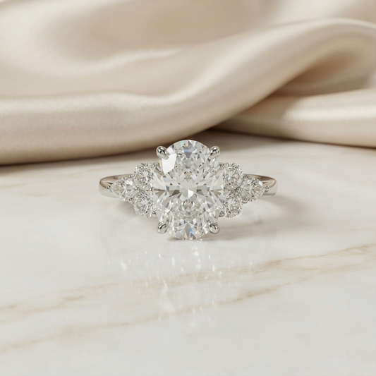 Finora Jewelry – Oval Cut Diamond Seven-Stone Ring – Scalloped Shoulder Design – Available in 10K, 14K Gold (White, Rose, Yellow), 925 Silver & Platinum