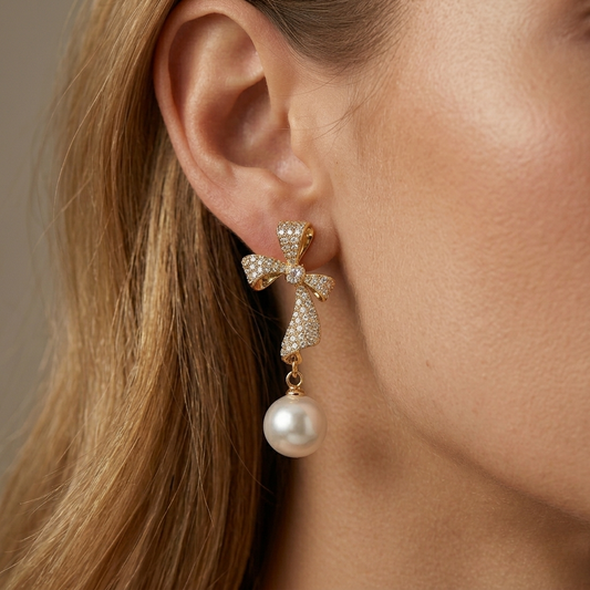 Elegant Crystal-Studded Bow and Pearl Drop Earrings