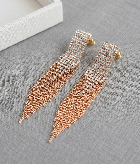 Crystal-Embellished Cascading Chain Fringe Drop Earrings
