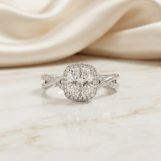 1.30 CT Round Cut Moissanite Halo Engagement Ring with Twisted Split Shank | 925 Silver & 10K/14K Gold | Finora Jewelry