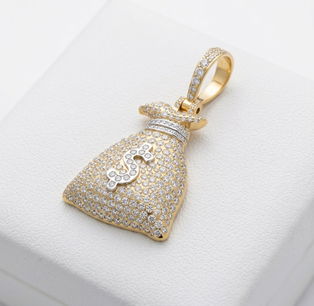 iced-out money bag moissanite pendant necklace | pavé set diamond bag pendant | luxury jewelry – finora jewelry