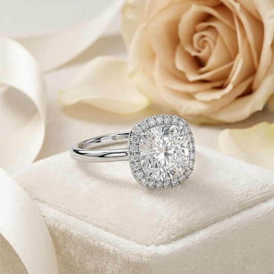 Cushion Cut Halo Moissanite Engagement Ring with Pavé Diamonds – Elegant Cushion Halo in White, Yellow, or Rose Gold | Finora Jewelry