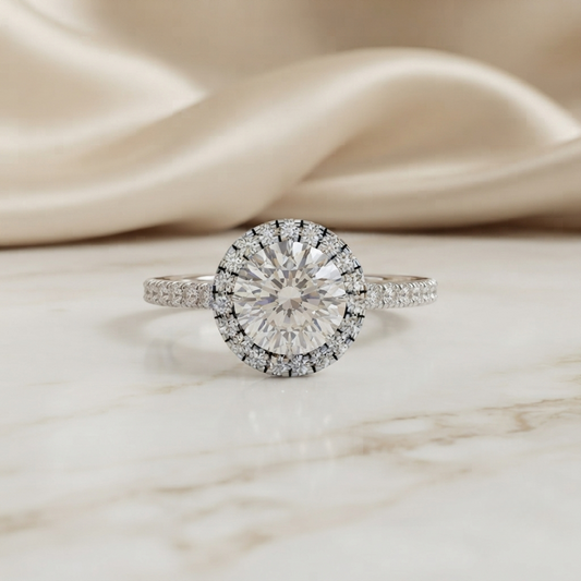 Round Cut Moissanite Ring – Double Halo with Pavé Band – 925 Silver / 10K, 14K Rose, Yellow, White Gold / Platinum | Finora Jewelry