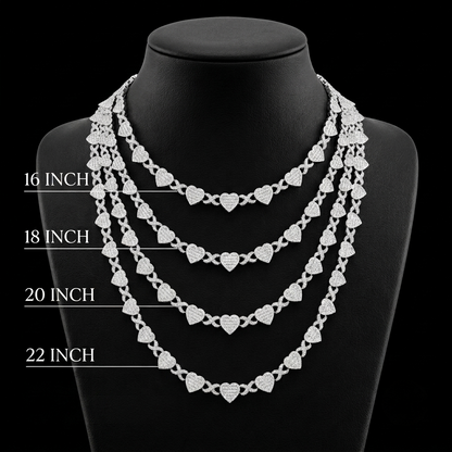 15mm Moissanite Silver Heart XO Link Chain - Iced Out Valentine Choker