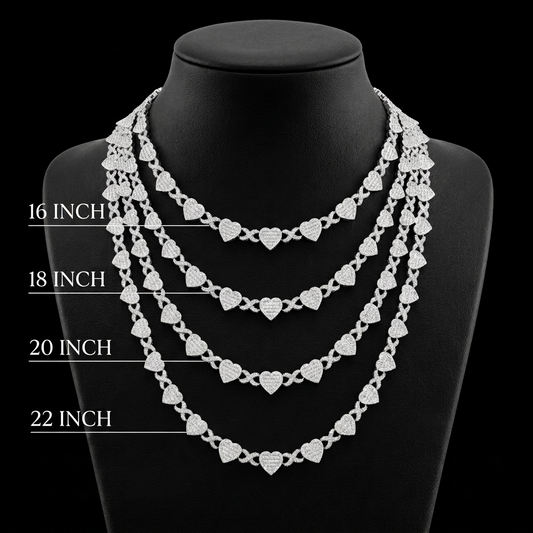 15mm Moissanite Silver Heart XO Link Chain - Iced Out Valentine Choker