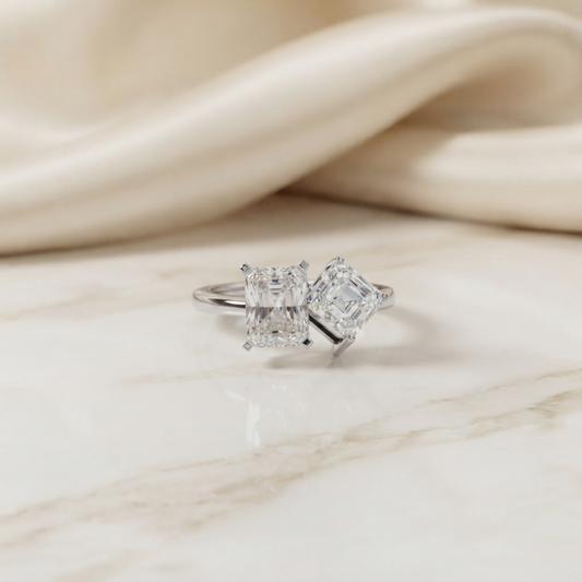 Two-Stone Emerald Square & Radiant Cut Diamond Open Ring in 925 Silver, 10K/14K Gold, or Platinum – Finora Jewelry