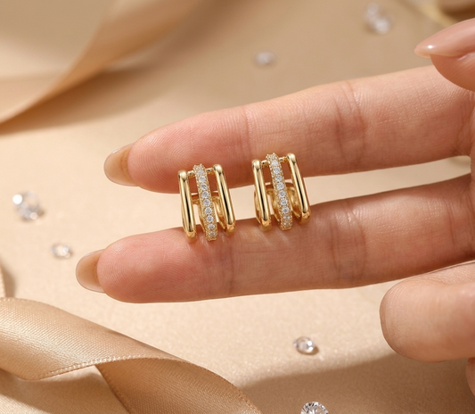 Triple-Band Square Hoop Earrings with Pave Center