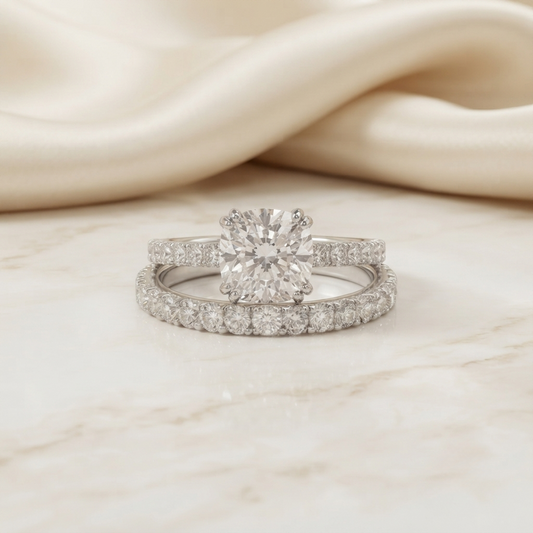 Cushion Square Cut Moissanite Engagement Ring with Pavé Band | 2.65 CT Colorless VVS | 925 Silver, 10K & 14K Gold