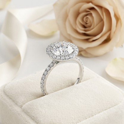 Round Cut Moissanite Ring – Double Halo with Pavé Band – 925 Silver / 10K, 14K Rose, Yellow, White Gold / Platinum | Finora Jewelry
