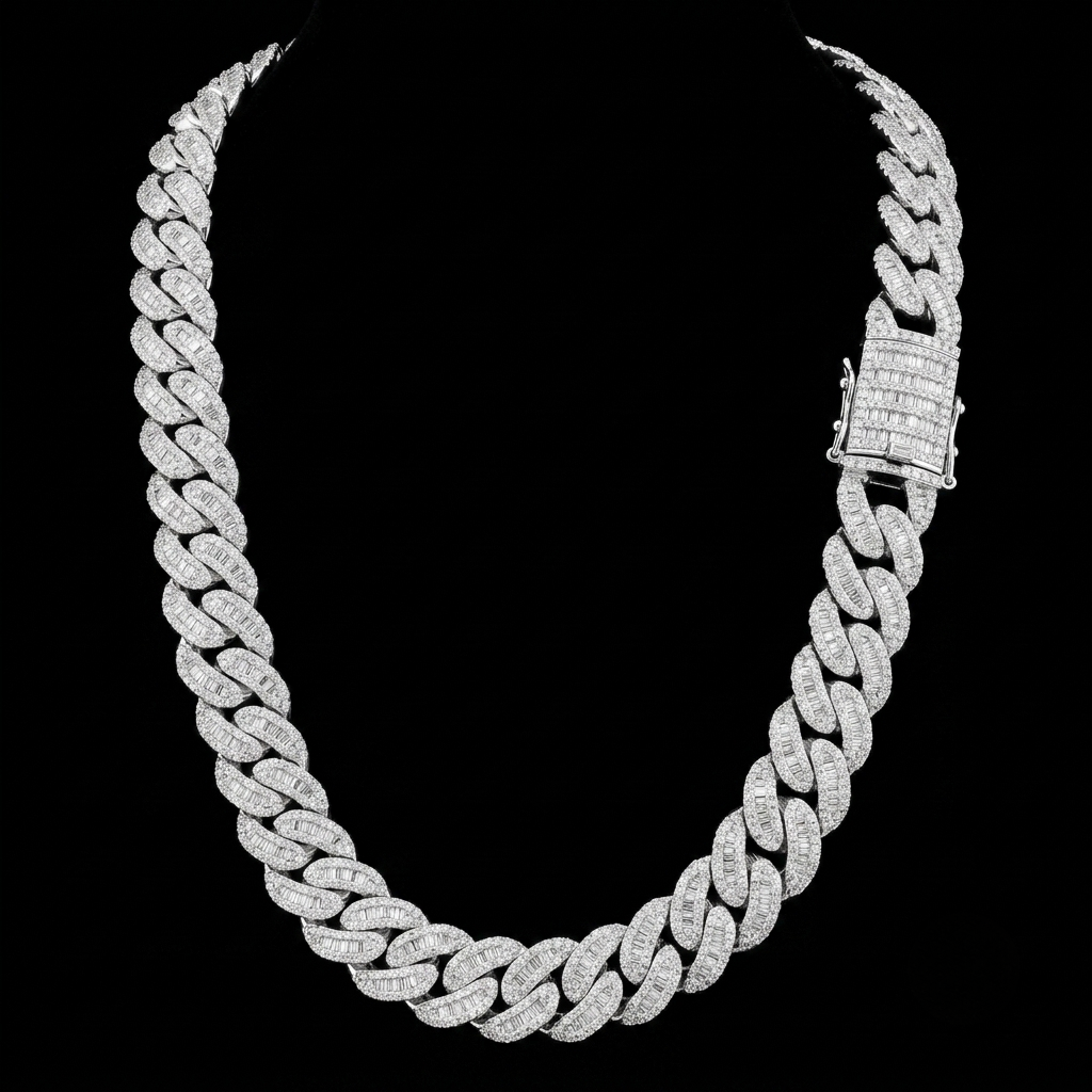 18mm moissanite silver miami cuban link chain - baguette cut iced choker