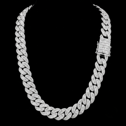 18mm Moissanite Silver Miami Cuban Link Chain - Baguette Cut Iced Choker
