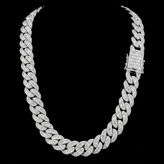 18mm Moissanite Silver Miami Cuban Link Chain - Baguette Cut Iced Choker