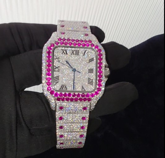 41MM White Gold Plated Fully Iced Square Case Roman Dial with pink diamond Moissanite Watch
