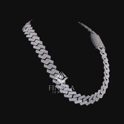 Iced Flat Cuban Link Chain – White Gold Finish with Moissanite Stones & Box Clasp