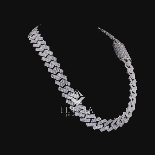Iced Flat Cuban Link Chain – White Gold Finish with Moissanite Stones & Box Clasp