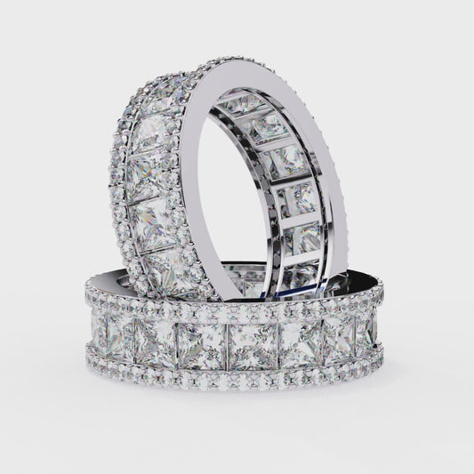 Princess-Cut Diamond Triple Row Wedding Band – Bold Eternity Ring for Couples in Silver, Gold & Platinum – Finora Radiant Glamour Statement