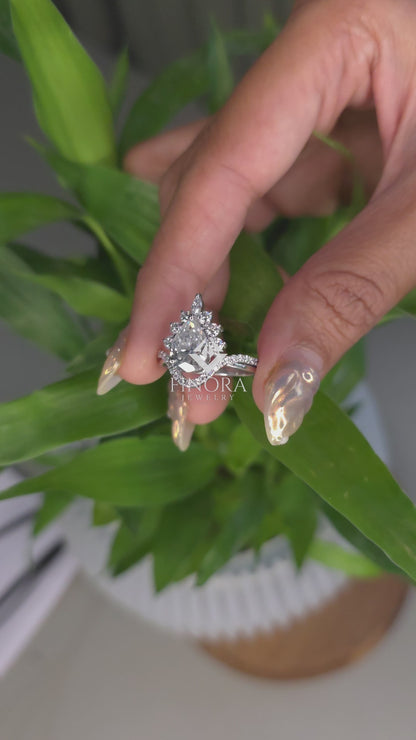 Pear Cut Moissanite Halo Engagement Ring 1.68 CT with Marquise & Round Side Stones in 925 Silver / 10K & 14K Gold