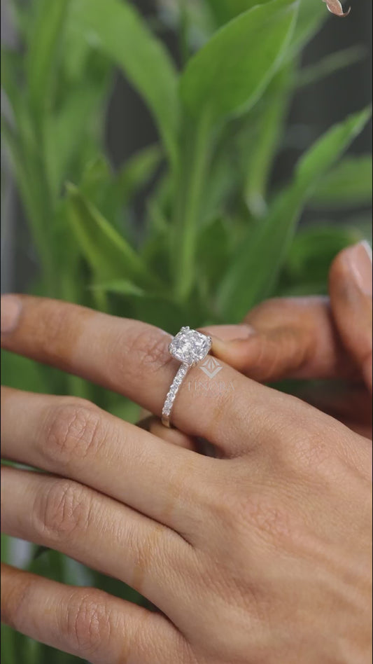 Cushion Square Cut Moissanite Engagement Ring with Pavé Band | 2.65 CT Colorless VVS | 925 Silver, 10K & 14K Gold