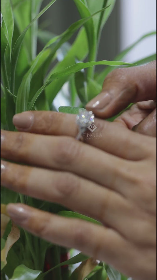 1.30 CT Round Cut Moissanite Halo Engagement Ring with Twisted Split Shank | 925 Silver & 10K/14K Gold | Finora Jewelry