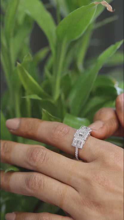 Emerald Cut Moissanite Three-Stone Engagement Ring with Halo | 2.11 CT | 925 Silver, 10K & 14K Gold