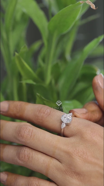 1.67 CT Oval Cut Moissanite Three Stone Engagement Ring with Pear Side Stones | 925 Silver & 10K/14K Gold | Finora Jewelry