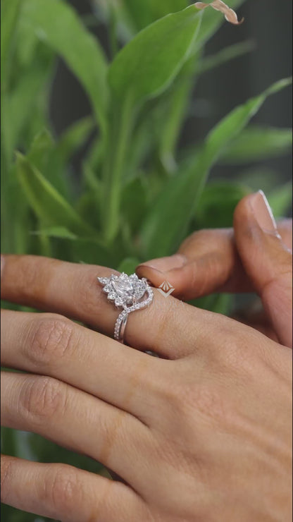 Pear Cut Moissanite Halo Engagement Ring 1.68 CT with Marquise & Round Side Stones in 925 Silver / 10K & 14K Gold