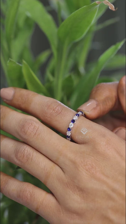 Blue & Colorless Round Cut Moissanite Full Eternity Wedding Band, Stackable Ring – Finora Jewelry