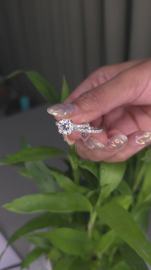 2.65 CT Cushion Cut Moissanite Engagement Ring with Pavé Band in 925 Silver / 10K & 14K Gold