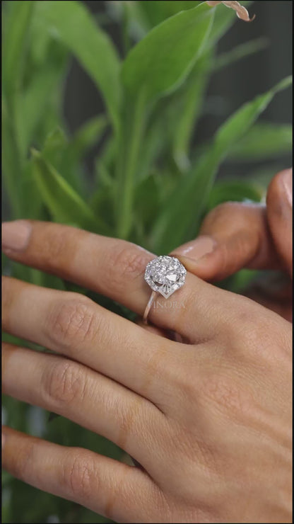 Round Cut Moissanite Halo Engagement Ring with Baguette Side Stones in 925 Silver, 10K & 14K Gold – Finora Jewelry