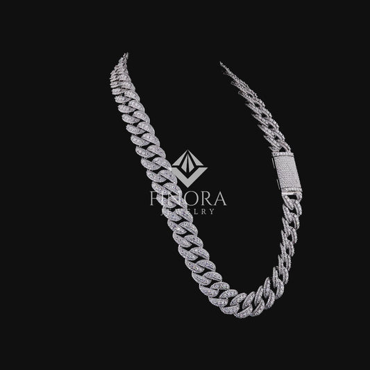 Iced Cuban Link Chain – White Gold Finish with Moissanite Stones & Box Clasp