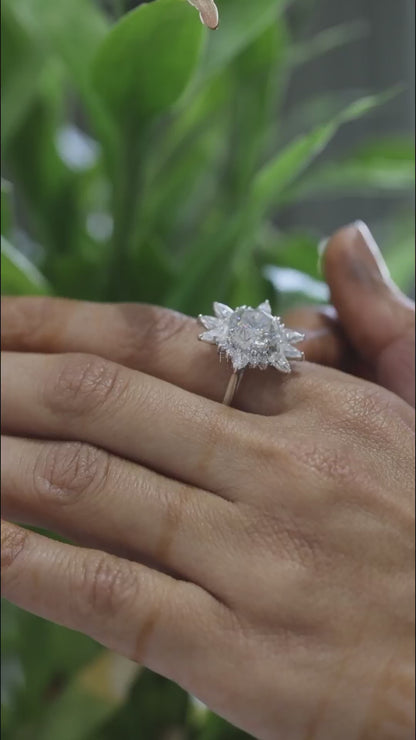 5.41 CT Round Cut Moissanite Halo Engagement Ring with Pear & Round Side Stones | Finora Jewelry