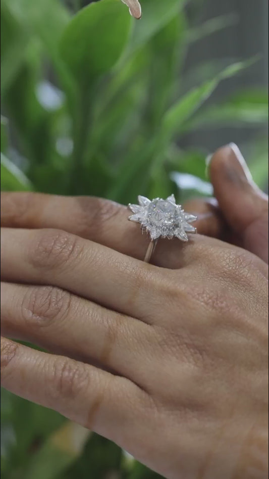 5.41 CT Round Cut Moissanite Halo Engagement Ring with Pear & Round Side Stones | Finora Jewelry