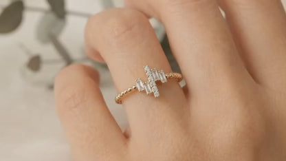 Baguette Cluster Stacking Ring – Minimalist Diamond Bar Ring –  Dainty Gold Bead Band