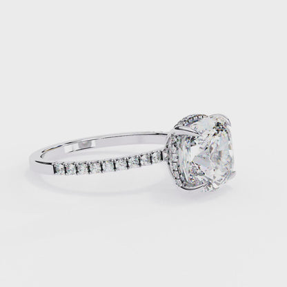 Cushion Cut Moissanite Engagement Ring – Pavé Band – Anniversary Ring for Her – 925 Silver / 10K & 14K Gold / Platinum | Finora Jewelry