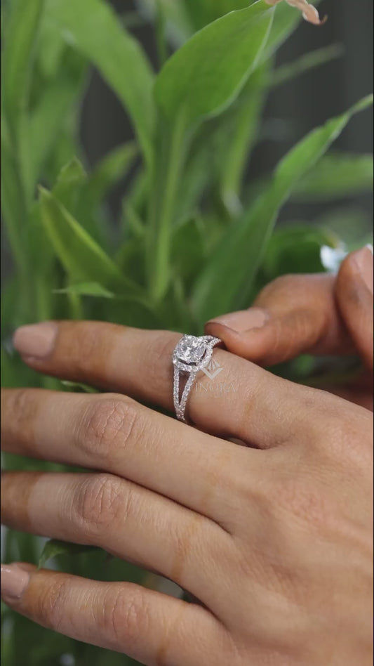 1.50 CT Cushion Cut Moissanite Halo Engagement Ring with Split Shank | 925 Silver & 10K/14K Gold | Finora Jewelry