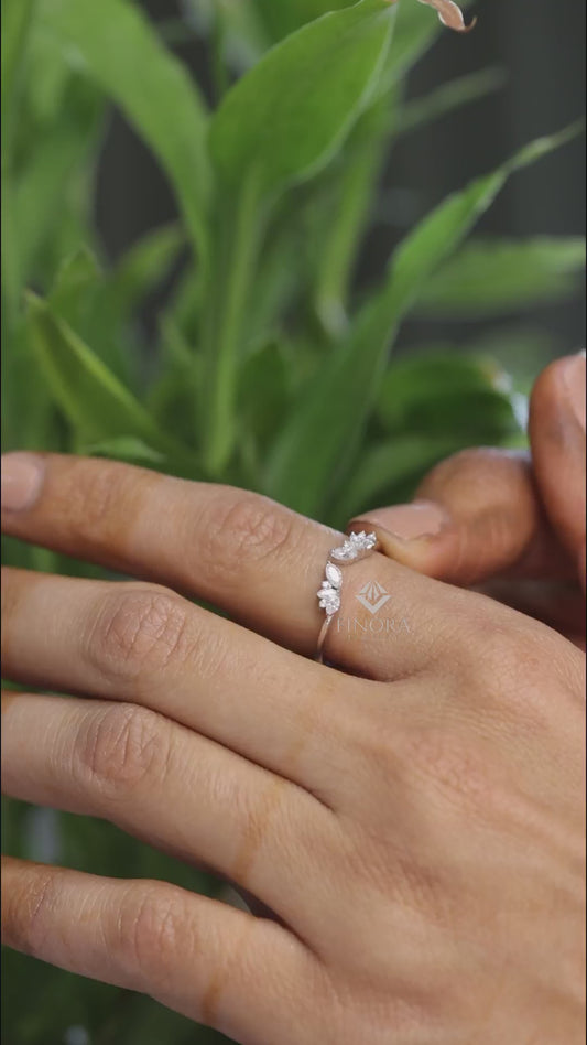 Marquise & Round Cut Moissanite Open Wedding Band, Leaf Inspired Stackable Ring – Finora Jewelry