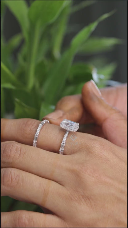 3.25 CT Emerald Cut Moissanite Bridal Ring Set | Colorless VVS | Baguette & Round Diamond Band | Finora Jewelry