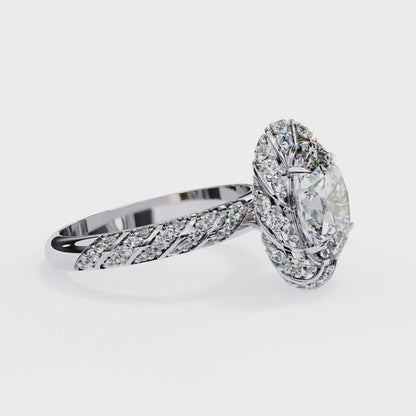Floral Halo Diamond Engagement Ring – Intricate Swirl Pavé Design in White Gold or Platinum – Nature-Inspired Elegance – Vintage Glamour Statement Ring