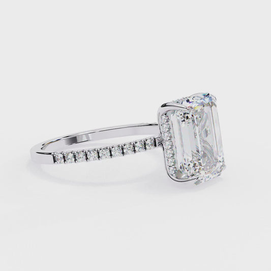 Emerald Cut Moissanite Solitaire Engagement Ring with Pavé Band in White/Yellow/Rose Gold – Finora Jewelry Design
