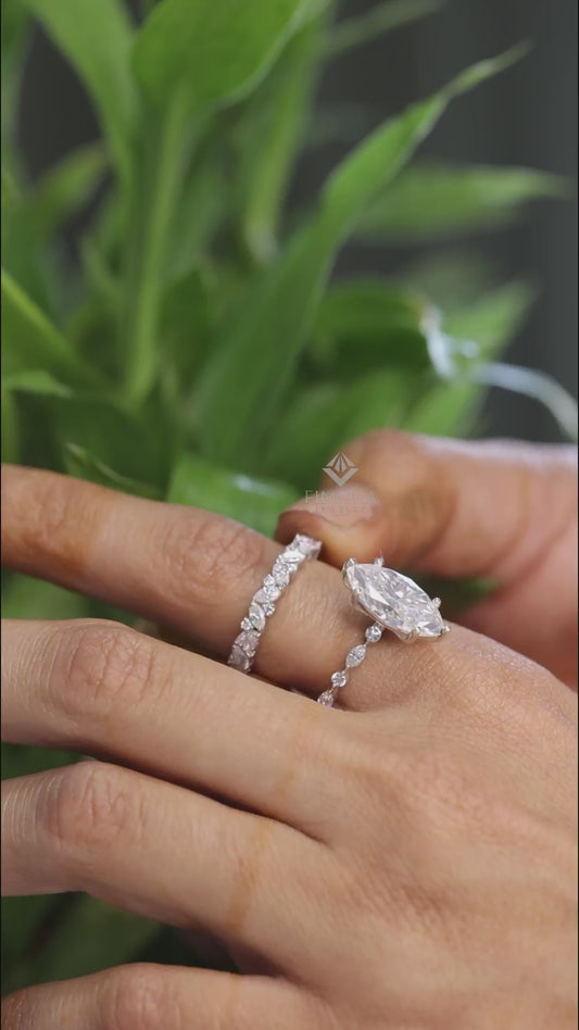 Marquise Cut Moissanite Engagement Ring Set with Matching Band, Vintage Leaf Design – Finora Jewelry