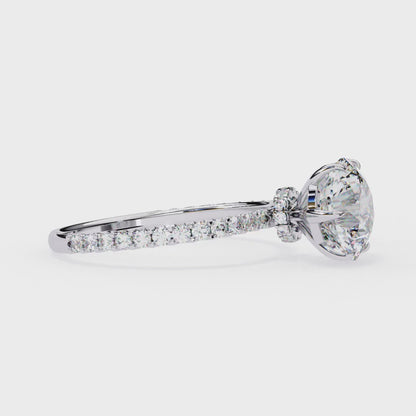 Round Brilliant Moissanite Engagement Ring with Pavé Diamond Band – Classic Four-Prong Solitaire in White, Yellow, or Rose Gold | Finora Jewelry
