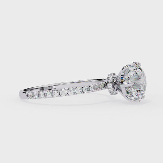 Round Brilliant Moissanite Engagement Ring with Pavé Diamond Band – Classic Four-Prong Solitaire in White, Yellow, or Rose Gold | Finora Jewelry