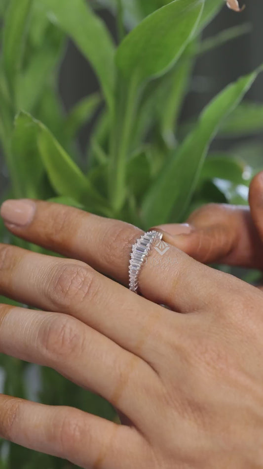 Baguette & Princess Cut Moissanite Wedding Band, Modern Half Eternity Ring – Finora Jewelry