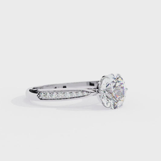 Brilliant Round Cut Engagement Ring with Pavé Diamond Band – Ideal Birthday Gift or Proposal Ring – Classic Elegance in Sterling Silver, 10K/14K Gold, or Platinum – Finora Luxe Edition