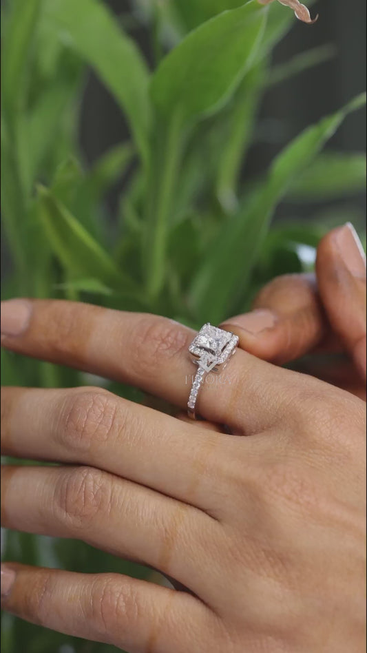 1.50 CT Princess Cut Moissanite Halo Engagement Ring in 925 Silver / 10K & 14K Gold