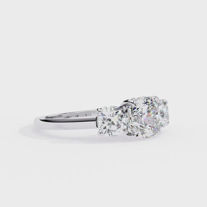 Three-Stone Cushion Cut Diamond Engagement Ring – Trio of Brilliance in White Gold or Platinum – Finora Symbolic Design of Past, Present & Future – Elegant Gift for Her