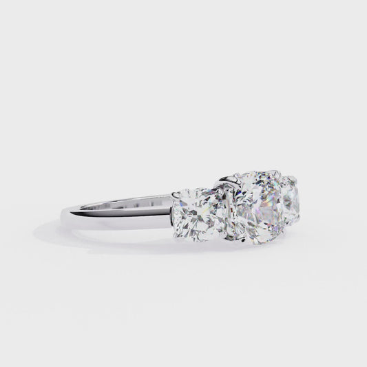 Three-Stone Cushion Cut Diamond Engagement Ring – Trio of Brilliance in White Gold or Platinum – Finora Symbolic Design of Past, Present & Future – Elegant Gift for Her
