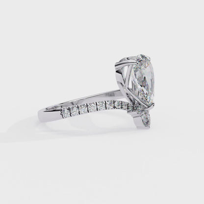 Pear Cut Diamond Engagement Ring with Accent Pear & Pavé Band in 925 Silver, 10K/14K Gold, or Platinum – Finora Jewelry