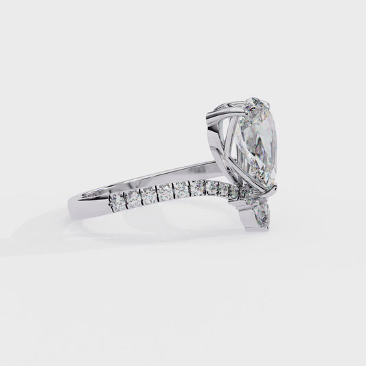 Pear Cut Diamond Engagement Ring with Accent Pear & Pavé Band in 925 Silver, 10K/14K Gold, or Platinum – Finora Jewelry