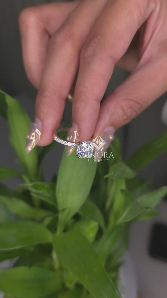 2.65 CT Cushion Cut Moissanite Engagement Ring with Pavé Band in 925 Silver / 10K & 14K Gold